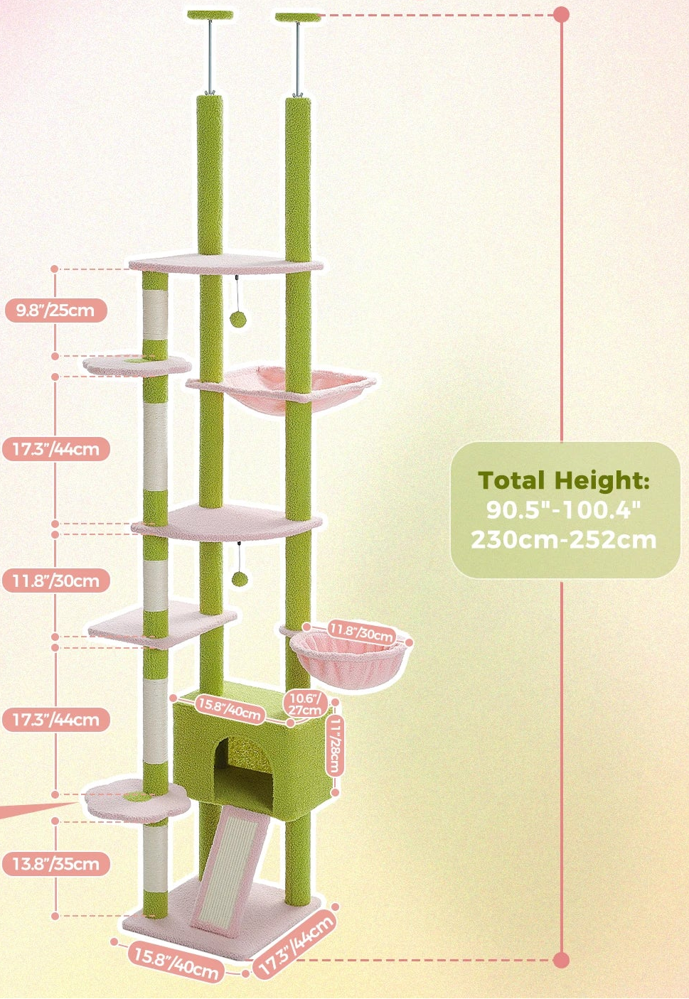 Arbre à chat <br> sol plafond fin vert et rose